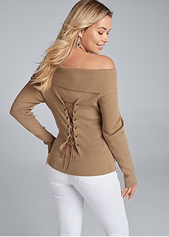 VENUS | Off-The-Shoulder Corset Detail Sweater in Light Brown