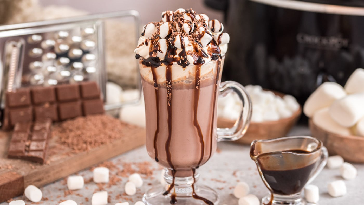 Crockpot Hot Chocolate- a combo of white, dark, and milk chocolate!